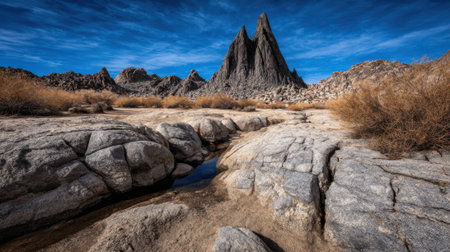 A view of jagged tufa towers rising from an arid desert floor with weathered rocks and dry brush in the foreground under a clear blue sky in California.の素材
