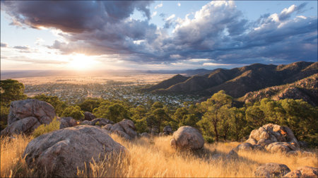 A breathtaking view of a warm sunset casting golden light across a rocky hillside overlooking a valley and distant mountains under a dramatic cloudy sky.の素材