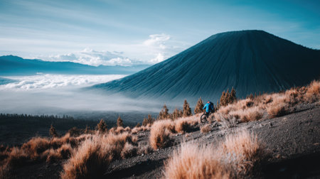 A lone traveler with a blue backpack hikes through a vast volcanic landscape as a majestic mountain peak rises above a thick layer of morning fog and clouds.の素材