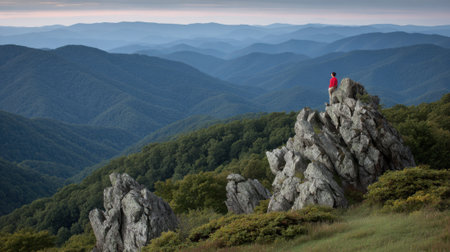 A lone traveler in a bright red jacket stands atop a rugged rock formation, gazing out over endless layers of green forested mountains under a soft, cloudy sky.の素材