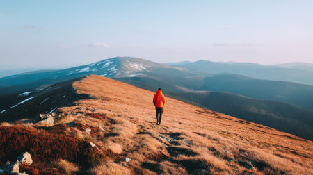 A person wearing a red jacket walks away from the camera along a golden-lit mountain trail. In the distance, a vast landscape of rolling hills and snow-capped peaks unfolds.の素材