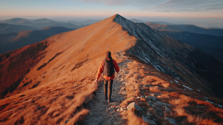 A solitary hiker with a backpack walks along a steep and narrow mountain path. The warm light of sunrise or sunset illuminates the vast, epic landscape.の素材