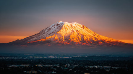 A stunning view of a snow-covered mountain peak illuminated by the warm golden light of a dramatic sunrise or sunset, creating a beautiful alpenglow effect.の素材