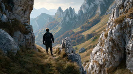 A solitary figure in dark hiking gear gazes out at a breathtaking vista of jagged peaks and steep, grassy slopes from a narrow mountain pass. Adventure concept.の素材