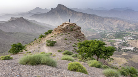 A solitary figure enjoys a breathtaking panoramic view from a mountain summit. The hazy valley and distant peaks create a serene and adventurous atmosphere.の素材
