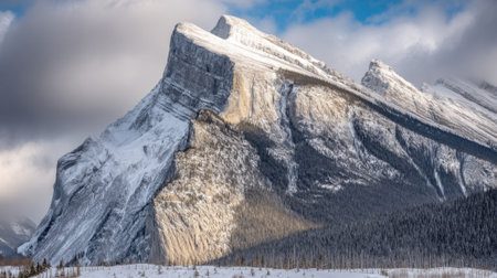 A stunning winter landscape of the iconic Mount Rundle peak illuminated by golden sunlight against a cloudy sky in the Canadian Rockies.の素材