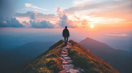 Silhouette of a lone hiker on a narrow mountain trail, gazing at a spectacular and colorful sunrise over a sea of clouds and distant peaks. A sense of adventure and freedom.の素材