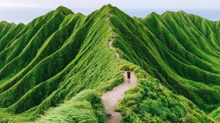 A single person treks along a winding dirt path on the spine of a spectacular, vibrant green mountain range under a clear sky, embodying adventure and exploration.の素材