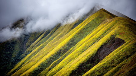 A stunning view of a steep mountain range with vibrant yellow and green slopes creating a dramatic pattern. The peaks are enveloped in a thick layer of mist and clouds.の素材