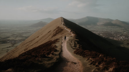 An adventurous person hikes along a narrow, winding path on a steep mountain ridge. The warm evening light casts long shadows across the scenic, hilly landscape.の素材