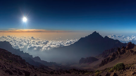 A stunning panoramic landscape from a high altitude viewpoint showing a mountain summit silhouetted against the rising sun, with a vast sea of clouds below.の素材