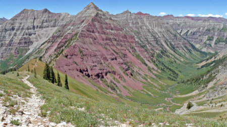 A breathtaking panoramic view of a rugged mountain range. A prominent peak with reddish rock contrasts with green slopes, a deep valley, and a clear blue sky.の素材
