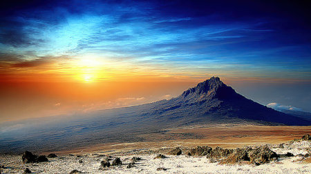 A breathtaking landscape view of a vast, arid plain leading to a solitary volcanic mountain under a vibrant orange and blue sky at sunrise or sunset.の素材