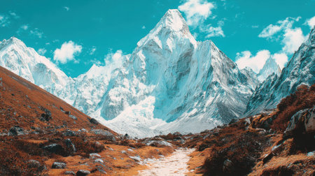 A breathtaking high-altitude landscape featuring a massive, jagged, snow-covered mountain against a colorful sky, with a rocky trail leading through the foreground.の素材