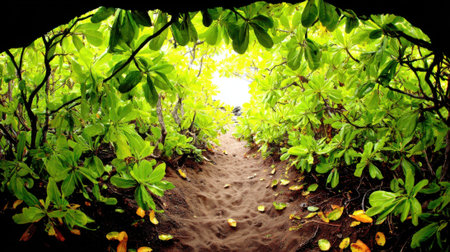 A magical looking pathway through a dense jungle. The ground is covered in a web of roots, and a bright light beckons from the end of the leafy tunnel.の素材