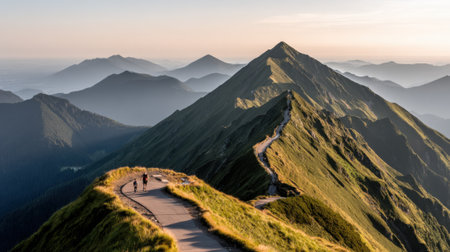 Expansive landscape of layered mountains at sunrise. A winding hiking trail follows a dramatic green ridge towards a distant summit, with tiny figures of hikers visible.の素材