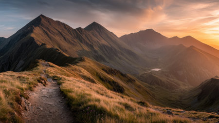 A breathtaking view of a hiking path winding through a mountain range. The peaks are illuminated by the warm, golden light of a beautiful sunset, creating a serene landscape.の素材