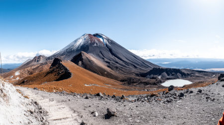 A stunning wide-angle shot of the iconic Mount Ngauruhoe volcano, featuring its classic cone shape, barren rocky terrain, and a small turquoise crater lake under a clear blue sky.の素材