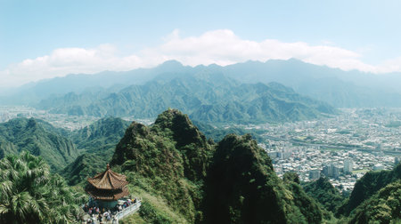 An expansive panoramic vista from a high mountain range, featuring a historic pagoda and a distant urban landscape nestled among verdant peaks under a hazy sky.の素材