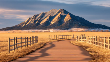 A beautiful landscape view of a dirt path guiding the way to a large mountain illuminated by the warm light of a stunning sunrise with low lying fog at its base.の素材