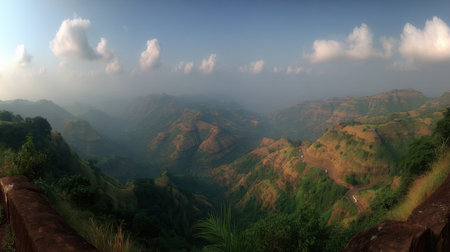 A stunning panoramic landscape of rolling green hills and deep valleys shrouded in a gentle morning mist under a vast blue sky with fluffy white clouds.の素材