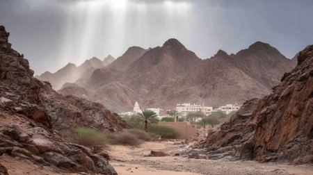 A breathtaking view of a remote settlement nestled within a rugged mountain range as heavenly light rays pierce through a cloudy sky, illuminating the arid landscape.の素材