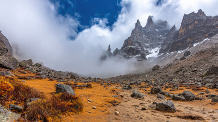 A scenic high-altitude valley with rocky terrain and orange alpine flora leading towards majestic, rugged mountain spires partially obscured by thick, low-hanging clouds.の素材