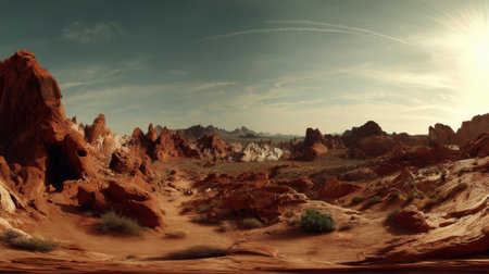 A vast and rugged desert landscape with red rock formations. The sun casts a warm light through a hazy, atmospheric sky, creating a dramatic and desolate scene.の素材