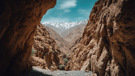 A stunning perspective from inside a narrow red rock gorge looking out towards a majestic snow covered mountain range under a bright blue sky.の素材