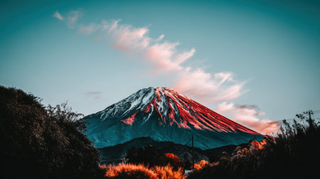 A breathtaking landscape view of Japans Mount Fuji. The snow-capped peak is bathed in the warm, red light of sunrise against a clear teal sky with a single cloud.の素材