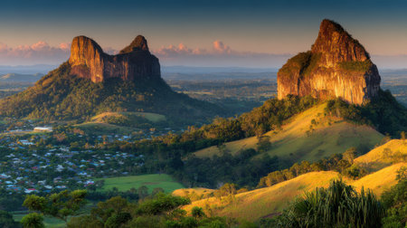 A breathtaking panoramic view of the Glass House Mountains at dawn, with warm sunlight casting a golden glow on the rugged peaks and lush green valleys below.の素材