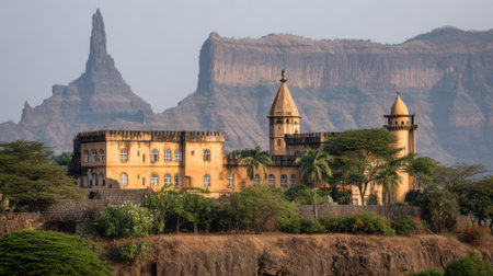 A scenic view of a historic Indian fort or palace, showcasing traditional architecture against a stunning backdrop of rugged mountains and unique rock formations during golden hour.の素材