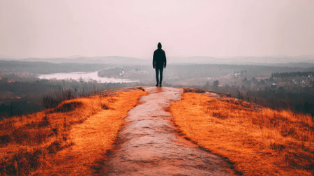 A solitary person in a dark coat stands on a vibrant orange cliff, looking out over a vast, hazy landscape. The scene evokes feelings of contemplation, journey, and solitude.の素材