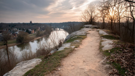 A tranquil view from a hiking path on a stone bluff, with the setting sun illuminating a river, a distant bridge, and a small town nestled among bare winter trees.の素材
