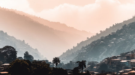 A beautiful landscape of layered mountains shrouded in mist and haze. A small town is built on the slopes, bathed in the warm, soft light of a peaceful dawn or dusk.の素材