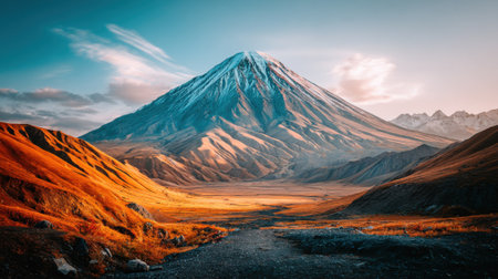 A breathtaking landscape painting of a towering snow covered volcano. The foreground shows a colorful, warm toned valley under a dramatic, cloudy sky during a beautiful sunset.の素材