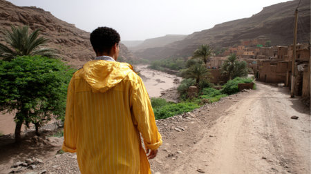 A person viewed from behind, wearing a vibrant yellow hooded robe, stands on a dirt path overlooking a river and lush greenery in a rugged, arid canyon.の素材