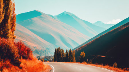 A winding asphalt road curves through a picturesque mountain valley during autumn. The landscape is painted in vibrant orange foliage and serene teal-colored hills under a clear sky.の素材