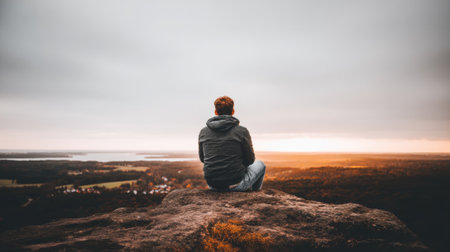 A lone person wearing a grey hoodie and red beanie sits on a rocky ledge, gazing at the horizon during a beautiful, quiet sunrise or sunset. A feeling of peace and solitude.の素材
