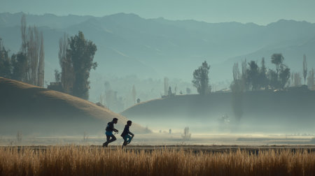 Silhouettes of two people running across a vast, misty field at sunrise. In the background, hazy hills and indistinct structures create an atmospheric and mysterious scene.の素材
