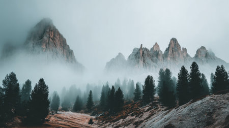 A dramatic landscape of jagged mountain peaks shrouded in thick fog with a dark pine forest in the foreground. The moody atmosphere creates a sense of wilderness and mystery.の素材