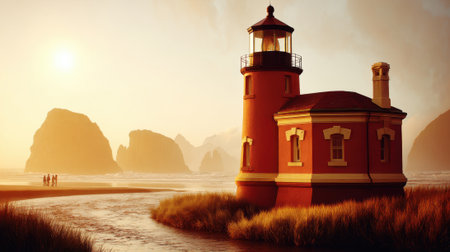 A picturesque red lighthouse stands on a serene shore during a warm, golden sunset, with reflections in the water and hazy sea stacks in the background.の素材