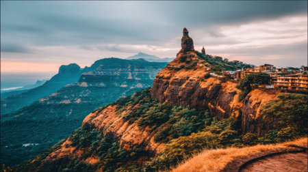 The warm light of a setting sun illuminates a rocky plateau, offering a breathtaking vista of layered mountains and valleys from a popular hill station viewpoint.の素材
