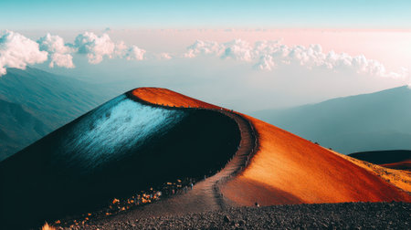 A breathtaking view of a colorful volcanic cinder cone high in the mountains. The morning sun illuminates one slope in fiery orange while the other remains in deep shadow.の素材
