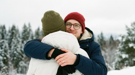 A smiling man wearing a red beanie and glasses warmly embraces his partner in a beautiful snowy landscape with evergreen trees in the background.の素材