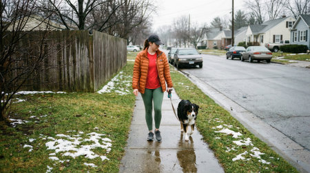 A woman wearing a warm orange jacket and hat walks her Border Collie dog on a leash along a wet sidewalk in a quiet suburban neighborhood with patches of snow on the grass.の素材