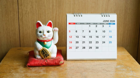 A white Maneki-neko, a Japanese lucky beckoning cat figurine, sits on a red cushion next to a desk calendar showing June 2022. The items are on a wooden table.の素材