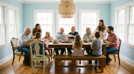 A happy, diverse family with grandparents, parents, and children gathered around a wooden dining table, sharing food and conversation in a brightly lit dining room.の素材