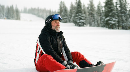 A smiling older man wearing a helmet and goggles rests on a snow-covered mountain, sitting next to his snowboard with a forest of pine trees in the background.の素材