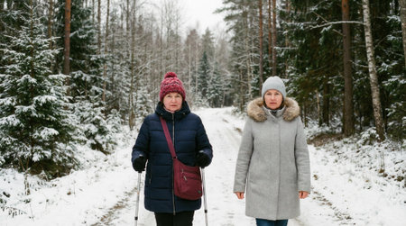 A senior woman with trekking poles and her friend walk along a snow-covered path in a beautiful winter forest, enjoying an active outdoor lifestyle and friendship.の素材